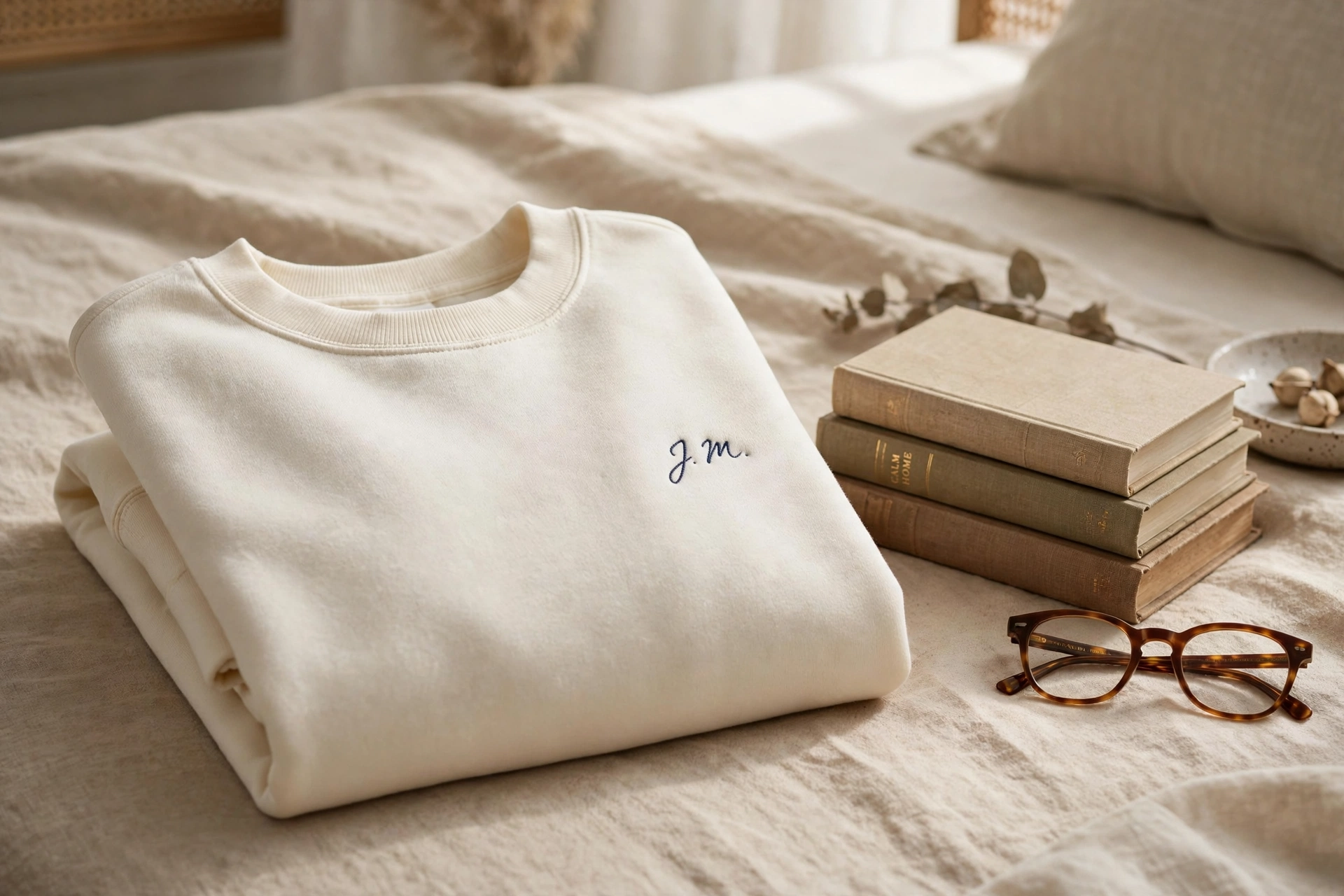 A folded cream crewneck sweatshirt with a small embroidered signature, on beige linen beside a stack of books