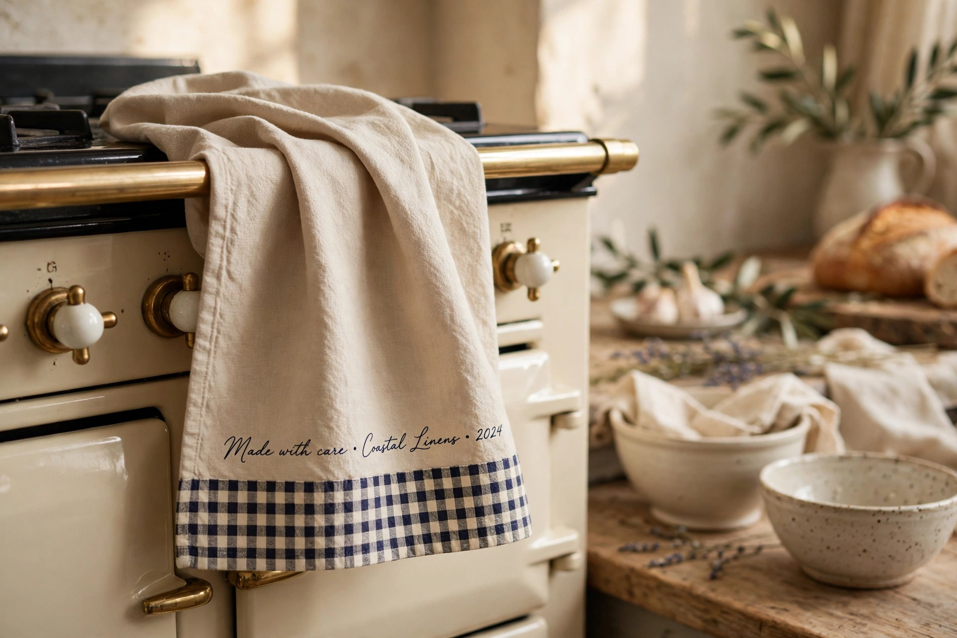 A sandy beige tea towel with a navy gingham border draped over the rail of a cream farmhouse range