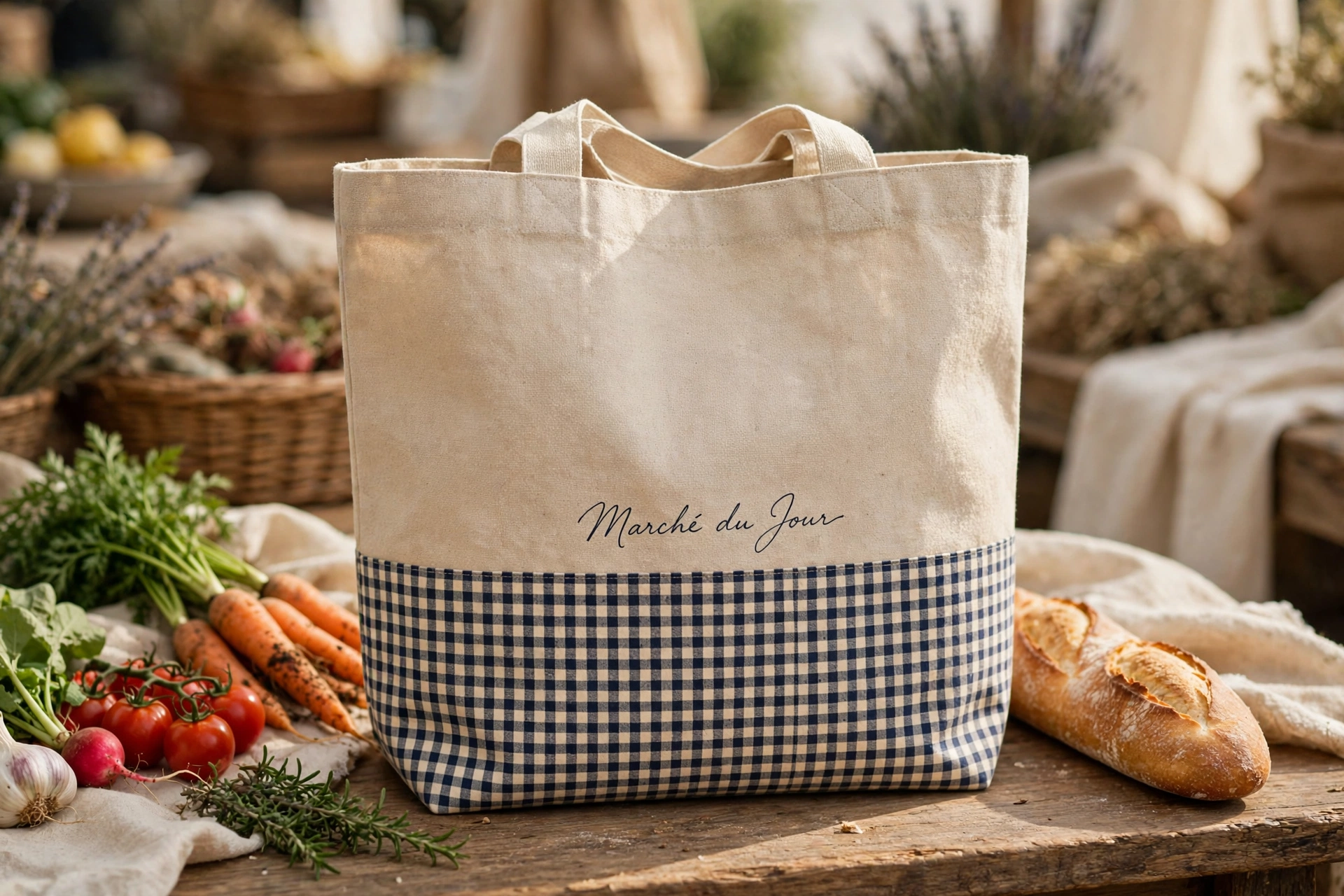 A natural canvas market tote with a navy gingham panel, standing on a wooden market table